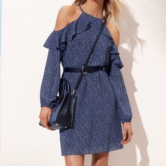 Michael Kors Blue Floral Print Ruffle Trim Cold Shoulder Poly Chiffon Dress - Picture 1 of 8